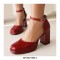 Round Toe Chunky Heels Classic Dorsay Ankle Straps Dress Pumps - Red