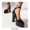 Pointed Toe Chunky Heels Platforms Ankle Buckle Gladiator Straps Pumps - Black
