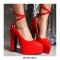 Pointed Toe Chunky Heels Platforms Ankle Buckle Gladiator Straps Pumps - Red