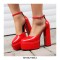Round Toe Chunky Heels Platforms Ankle Straps Dorsay Pumps - Red