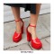 Round Toe Chunky Heels Platforms Ankle Straps Dorsay Pumps - Red