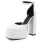 Round Toe Chunky Heels Platforms Ankle Straps Dorsay Pumps - White