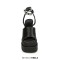 Peep Toe Chunky Heels Ankle Buckle Rhinestones Straps Platforms Sandals - Black Satin