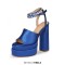 Peep Toe Chunky Heels Ankle Buckle Rhinestones Straps Platforms Sandals - Blue Satin