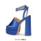 Peep Toe Chunky Heels Ankle Buckle Rhinestones Straps Platforms Sandals - Blue Satin