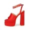 Peep Toe Chunky Heels Ankle Buckle Rhinestones Straps Platforms Sandals - Red Satin