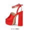 Peep Toe Chunky Heels Ankle Buckle Rhinestones Straps Platforms Sandals - Red Satin