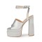 Peep Toe Chunky Heels Ankle Buckle Rhinestones Straps Platforms Sandals - Silver Gray Satin