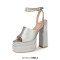 Peep Toe Chunky Heels Ankle Buckle Rhinestones Straps Platforms Sandals - Silver Gray Satin