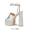 Peep Toe Chunky Heels Ankle Buckle Rhinestones Straps Platforms Sandals - Silver Gray Satin