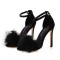 Peep Toe Stiletto Heels Ankle Buckle Straps Sexy Feather Sandals - Black Flock