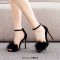 Peep Toe Stiletto Heels Ankle Buckle Straps Sexy Feather Sandals - Black Flock
