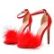 Peep Toe Stiletto Heels Ankle Buckle Straps Sexy Feather Sandals - Red Flock