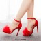 Peep Toe Stiletto Heels Ankle Buckle Straps Sexy Feather Sandals - Red Flock