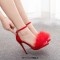 Peep Toe Stiletto Heels Ankle Buckle Straps Sexy Feather Sandals - Red Flock