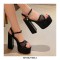 Chunky Heels Peep Toe Ankle Buckle Straps Fishnet Platforms Pumps  - Rose Red