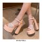 Chunky Heels Peep Toe Ankle Buckle Straps Fishnet Platforms Pumps  - Rose Red