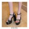 Chunky Heels Peep Toe Ankle Buckle Straps Crystal Decorated Platforms Pumps  - Pink