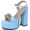 Chunky Heels Peep Toe Ankle Buckle Straps Crystal Decorated Platforms Pumps  - Blue