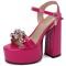 Chunky Heels Peep Toe Ankle Buckle Straps Crystal Decorated Platforms Pumps  - Rose Red