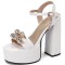 Chunky Heels Peep Toe Ankle Buckle Straps Crystal Decorated Platforms Pumps  - White