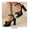 Peep Toe Ankle Buckle Straps Chunky Heels Platforms Velvet Sandals - Green