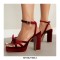 Peep Toe Ankle Buckle Straps Chunky Heels Platforms Velvet Sandals - Red