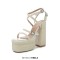 Square Open Toe Chunky Heels Ankle Buckle Cross Pearl Straps Platforms Sandals - Cream White Microfiber