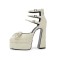 Pointed Toe Chunky Heels Ankle Buckle Trible Straps Pearl Ribbon Platforms Sandals - White Microfiber