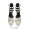 Pointed Toe Chunky Heels Ankle Buckle Trible Straps Pearl Ribbon Platforms Sandals - White Microfiber