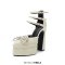Pointed Toe Chunky Heels Ankle Buckle Trible Straps Pearl Ribbon Platforms Sandals - White Microfiber