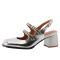 Round Toe Medium Chunky Heels Slingback Mary Janes Sandals Pumps - Silver