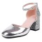 Round Toe Sequid Glitters Dorsay Ankle Buckle Rhinestones Straps Pumps - Silver