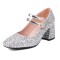Round Toe Sequid Glitters Decorated Mary Janes Rhinestones Double Buckles Pumps - Silver