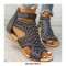 Peep Toe Fish Mouth Rhinestones Summer Flats Roman Sandals - Black