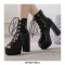 Peep Toe Knee High Lace Up Platforms Patent Chunky Heels Pumps Boots - Black