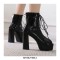 Peep Toe Knee High Lace Up Platforms Patent Chunky Heels Pumps Boots - Black
