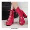 Peep Toe Knee High Lace Up Platforms Patent Chunky Heels Pumps Boots - Rose Red