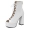 Peep Toe Knee High Lace Up Platforms Patent Chunky Heels Pumps Boots - White