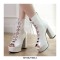 Peep Toe Knee High Lace Up Platforms Patent Chunky Heels Pumps Boots - White