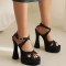 Peep Toe Denim Fabric Chunky Heels Ankle Buckle Crystal Straps Platforms Sandals Pumps - Black