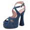 Peep Toe Denim Fabric Chunky Heels Ankle Buckle Crystal Straps Platforms Sandals Pumps - Blue