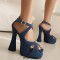 Peep Toe Denim Fabric Chunky Heels Ankle Buckle Crystal Straps Platforms Sandals Pumps - Blue