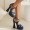 Peep Toe Denim Fabric Chunky Heels Ankle Buckle Crystal Straps Platforms Sandals Pumps - Blue
