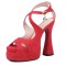 Peep Toe Denim Fabric Chunky Heels Ankle Buckle Crystal Straps Platforms Sandals Pumps - Red