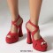 Peep Toe Denim Fabric Chunky Heels Ankle Buckle Crystal Straps Platforms Sandals Pumps - Red
