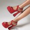 Peep Toe Denim Fabric Chunky Heels Ankle Buckle Crystal Straps Platforms Sandals Pumps - Red