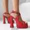 Peep Toe Denim Fabric Chunky Heels Ankle Buckle Crystal Straps Platforms Sandals Pumps - Red