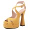 Peep Toe Denim Fabric Chunky Heels Ankle Buckle Crystal Straps Platforms Sandals Pumps - Yellow
