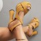 Peep Toe Denim Fabric Chunky Heels Ankle Buckle Crystal Straps Platforms Sandals Pumps - Yellow